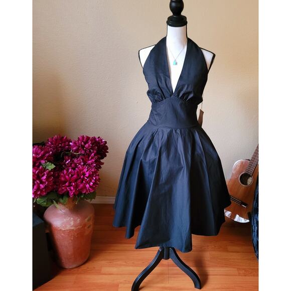 NWT Pin-up Cocktail Elegant Black Halter Midi Dress Size Small Maggie Tang - Picture 3 of 10